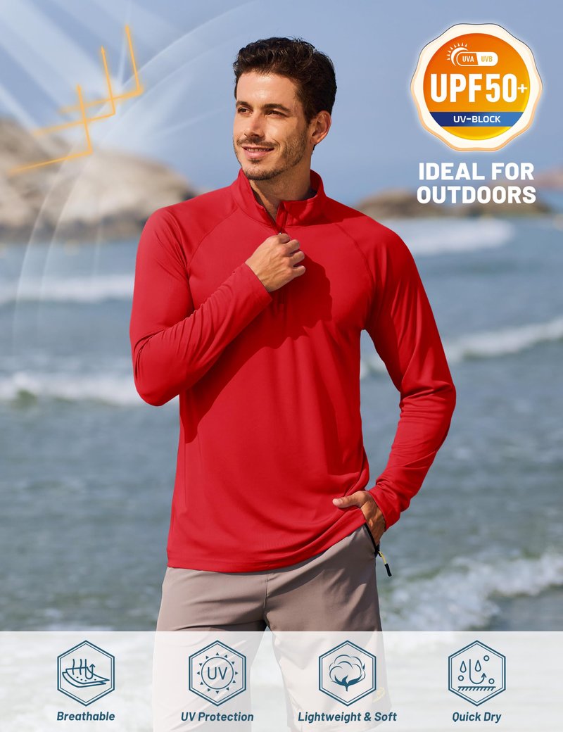 TACVASEN Shirts for Men Running 1/4 Zip Shirts Uv Protection Workout Hiking Mens Long Sleeve T Shirts Rash Guard Dry Fit Tomato Red Dry Fit XXL