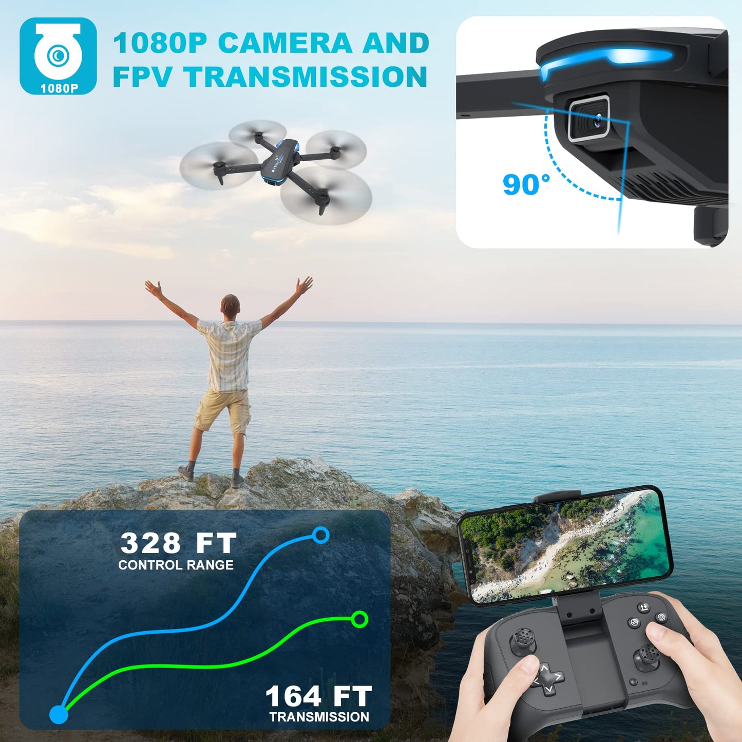 Drone with 1080P Camera for Beginners and Adults, Foldable Remote Control Quadcopter with Voice Control, Gestures Selfie, Altitude Hold, One Key Start, 3D Flips, 2 Batteries, Toy for Beginners