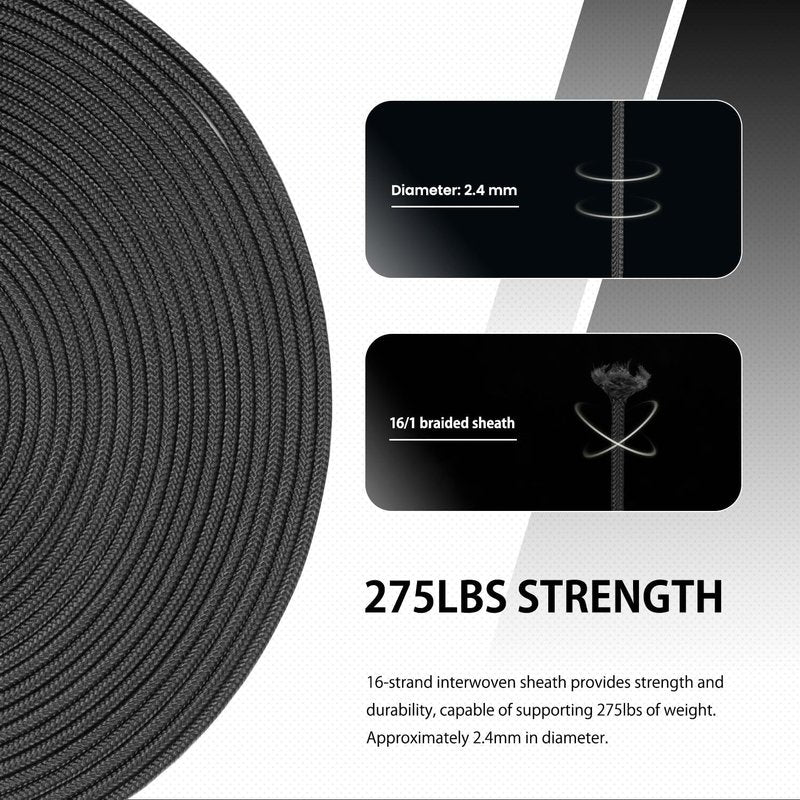 Paracord 275 - 100ft 2.4mm Tactical Nylon Rope | 4 Strands, Max 275lbs - Black