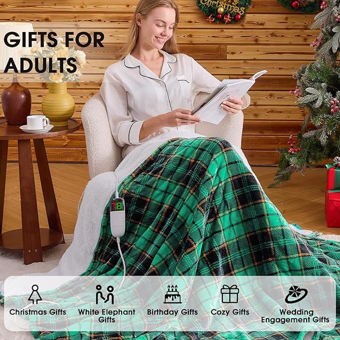 Green Heated Blanket Electric Throw 50X60, Heating Blanket for Couch, Plaid Sherpa Winter Blankets Warmer, 10 Levels & 8-Hour Auto Off, Fast Heated House Warming Gifts New Home Christmas Decor for Mom