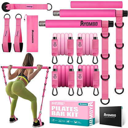 Ayombo Pilates Bar Kit with Resistance Bands, Pilates Workout Equipment for Legs, Hip, Waist, Arm, Squats Exercise Equipment for Home Workouts, Adjustable 3-Section Pilates Bar Kit for Women & Men