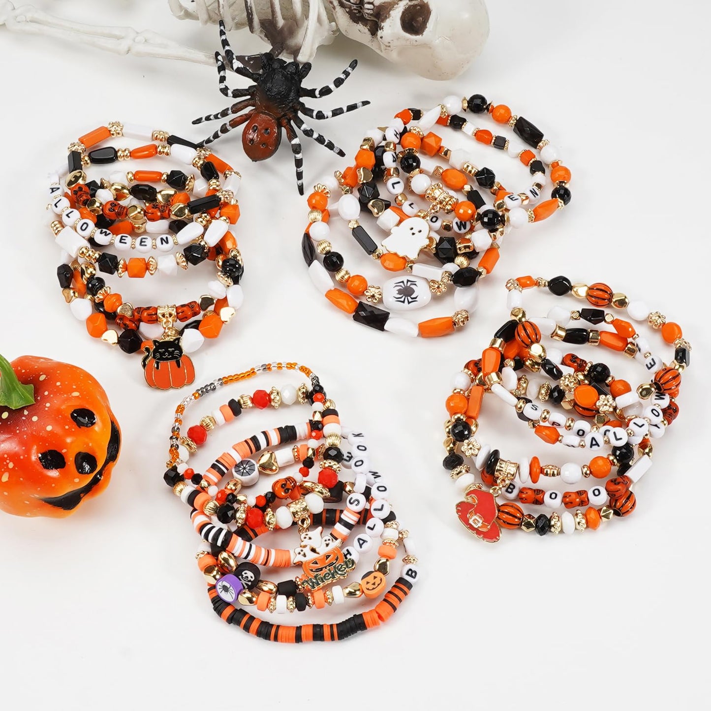 Twinfree 4 Sets Halloween Stretch Bracelets for Women, Pumpkin Ghost Cat Bat Design Beaded Bracelet