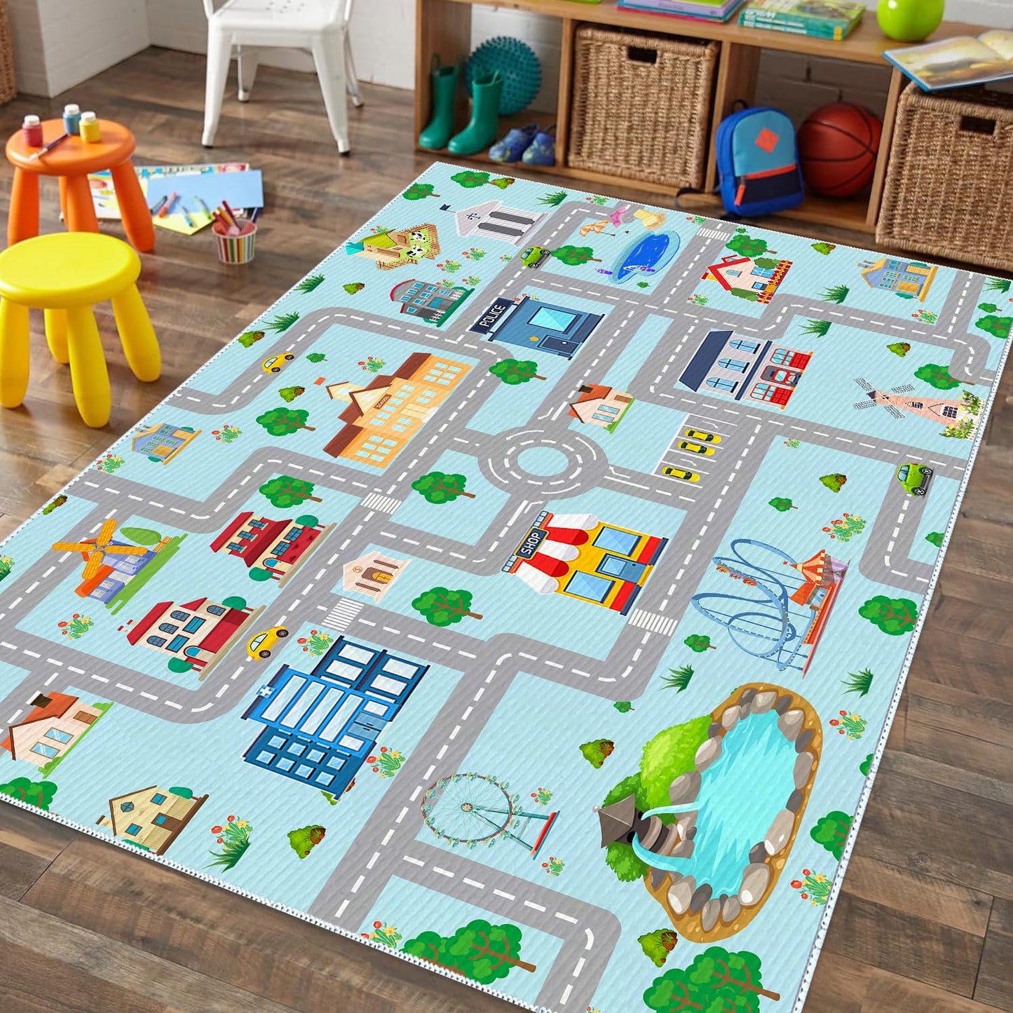 DoRlPIeY Kids Car Rug, 2' 7" x 4' City Life Road Traffic Game Carpet for Race Cars & Toys, Fun Non-Slip Race Track Educational Floor Area Playmat for Toddler Boys Bedroom Playroom Classroom Blue
