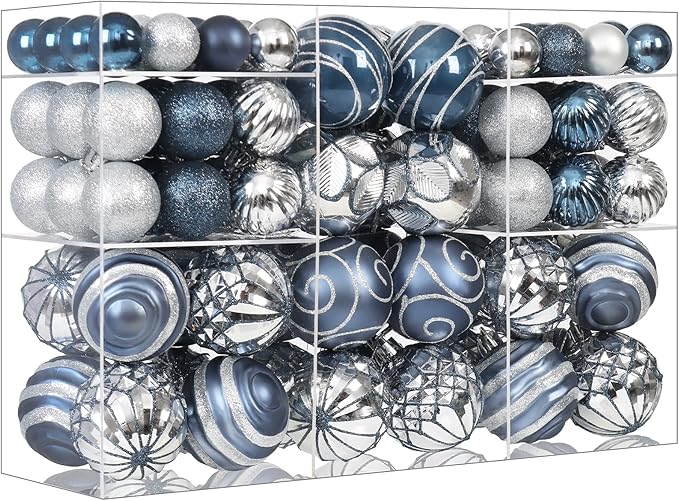 100Pcs Christmas Balls Ornaments Set, Shatterproof Christmas Decorations with Hand-held Gift Package for Xmas Tree/Holiday/Wedding/Holiday/Party Decor (Silver&Blue)