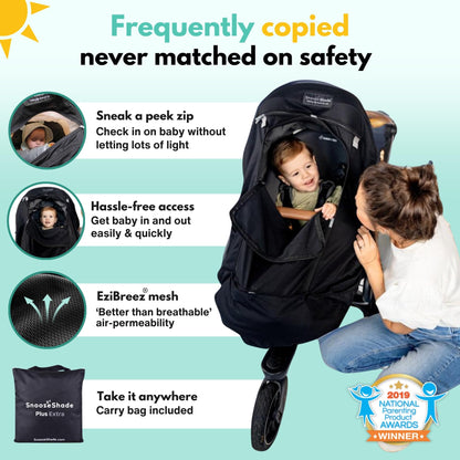 SnoozeShade Plus Extra Pram and Stroller Sun Shade Cover Blocks 99% UV UPF50+ Baby Sleep Aid and Breathable Blackout Canopy for Pushchairs Buggies and Travel Strollers
