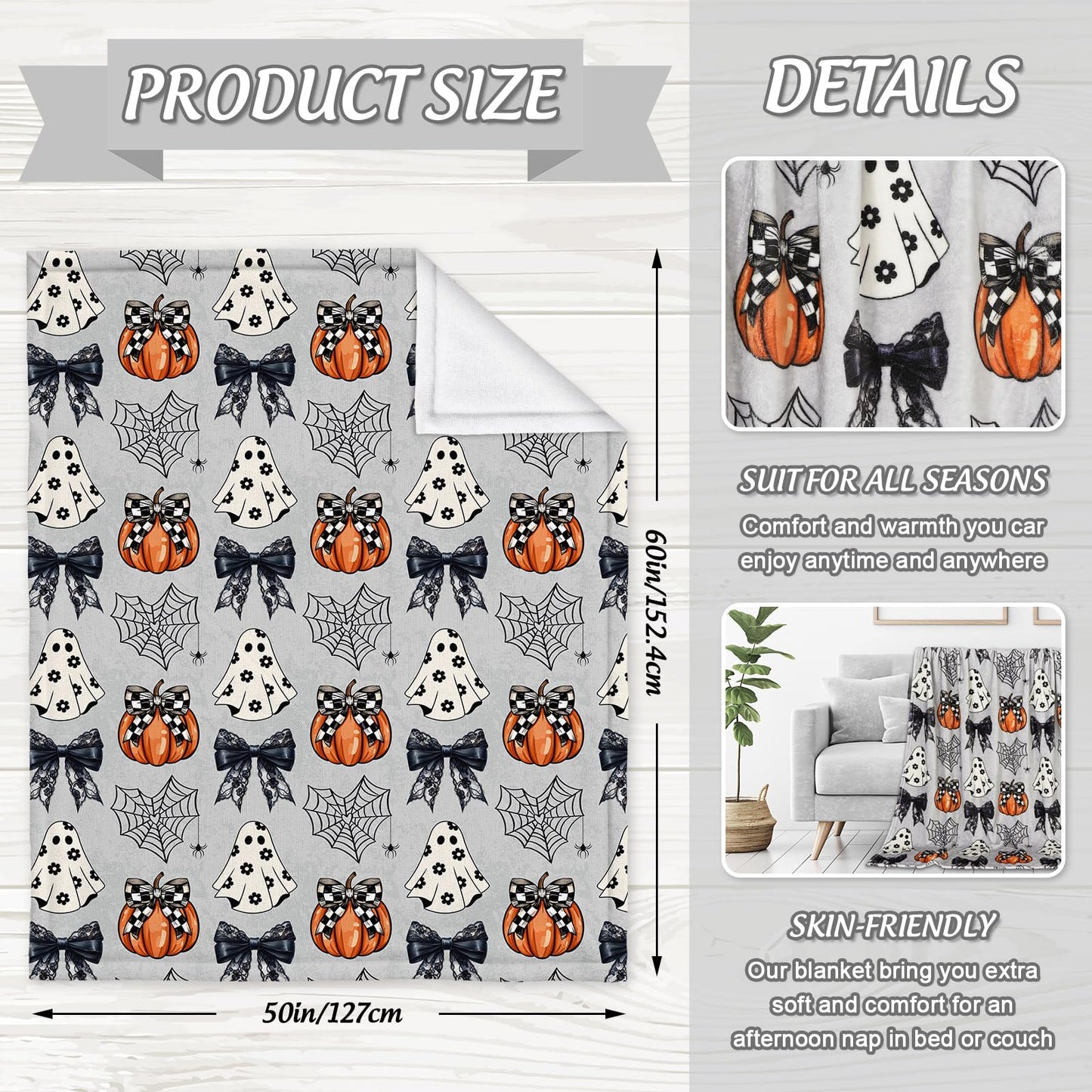JarThenaAMCS Halloween Flannel Blanket 60 x 50 Inch Ghost Pumpkin Bow Decorative Throw Blanket Soft Gray Blanket for Home Chair Sofa Couch Bed