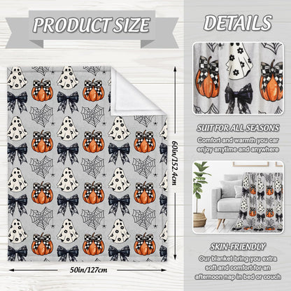JarThenaAMCS Halloween Flannel Blanket 60 x 50 Inch Ghost Pumpkin Bow Decorative Throw Blanket Soft Gray Blanket for Home Chair Sofa Couch Bed