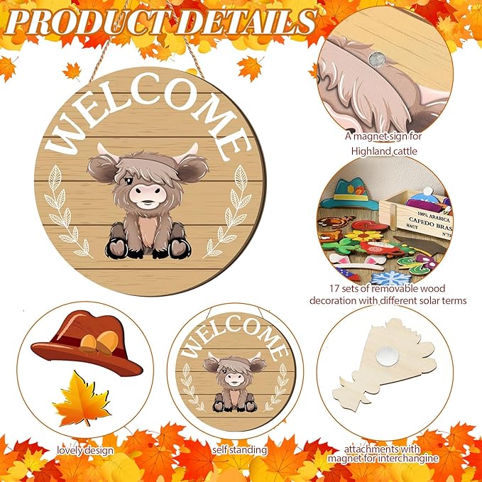 35 Pcs Christmas Interchangeable Highland Cow Welcome Sign Highland Cow Seasonal Wooden Hanging Door Decor Thanksgiving Farmhouse Hanging Sign for Front Door Xmas Party Decoration Gift(Brown)