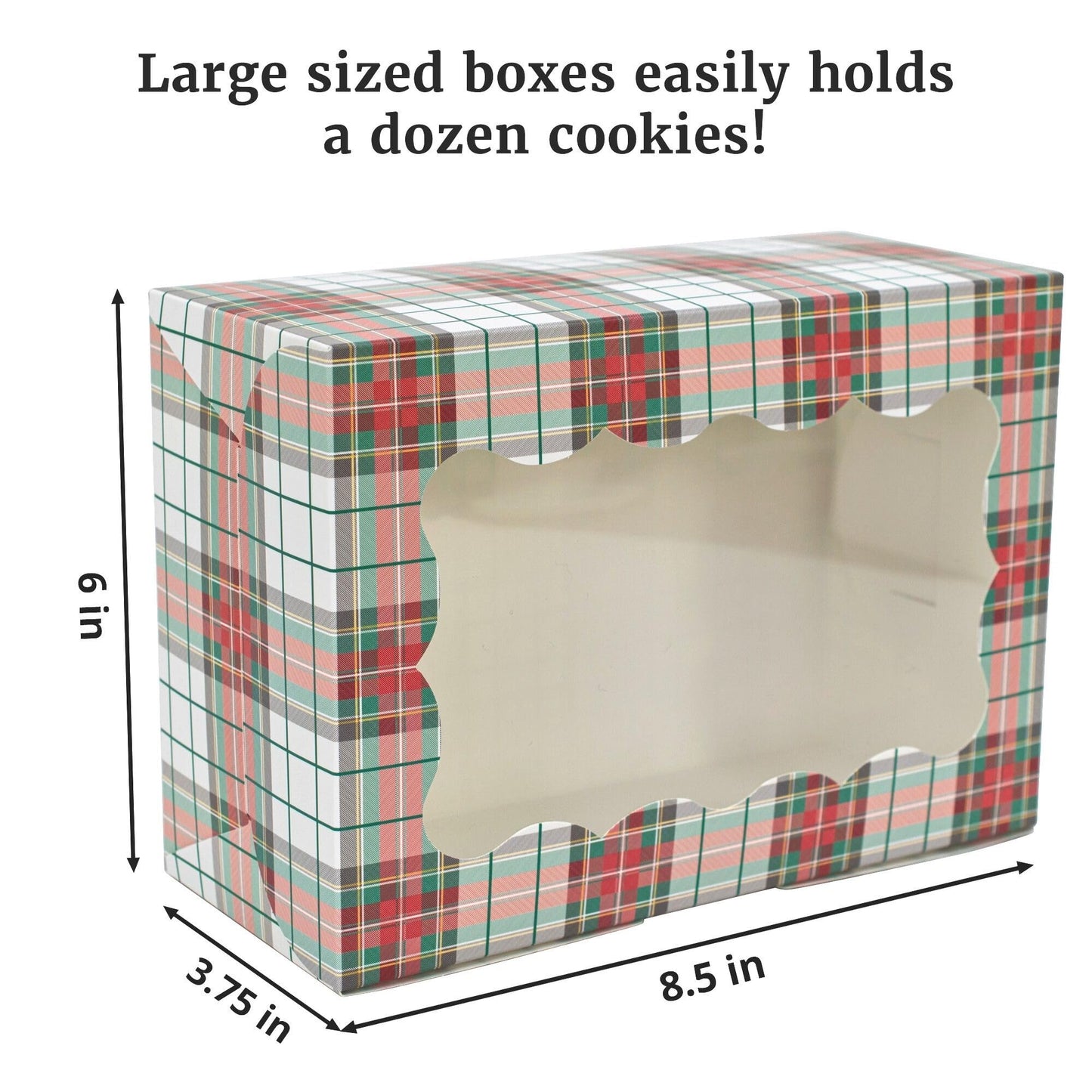 Christmas Cookie Boxes - 12 Pack - White & Red Tartan Plaid Bakery Gift Box with Window - Perfect for Pastries, Cupcakes, Macarons, Candy, & Treats - LG Size Easily Fits a Dozen Cookies - 12 pcs
