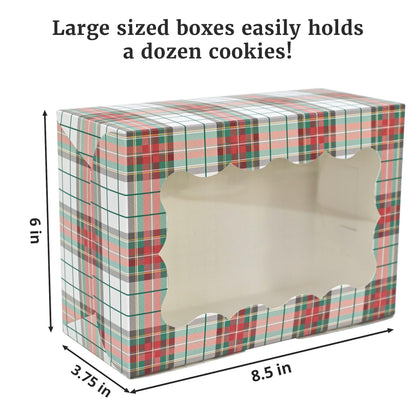 Christmas Cookie Boxes - 12 Pack - White & Red Tartan Plaid Bakery Gift Box with Window - Perfect for Pastries, Cupcakes, Macarons, Candy, & Treats - LG Size Easily Fits a Dozen Cookies - 12 pcs
