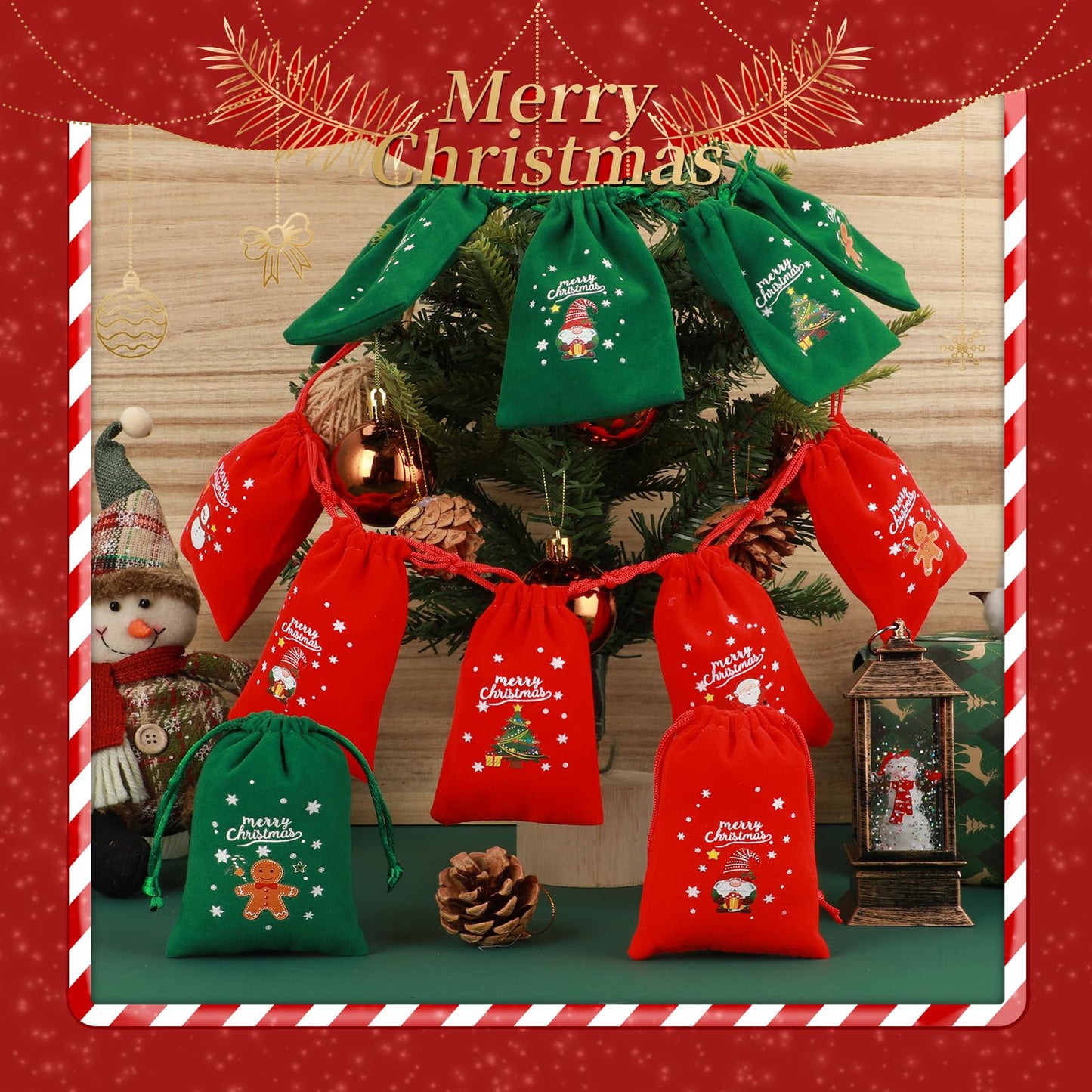 Tapleap Christmas Bags with Drawstring - 10Pcs 3x4 Red and Green Velvet Cloth for Wrapping Dice, Jewelry, Party Favors or Gifts for Friends, Children, Customers