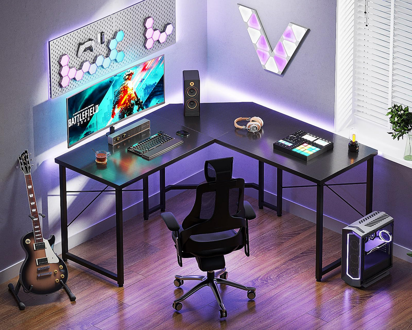 Casaottima L Shaped Gaming Desk, Corner Desk Gaming Table for Home Office, Computer Desk Sturdy Writing Workstation for Small Space, Easy to Assemble, 51 inch, Carbon Fiber Surface, Black