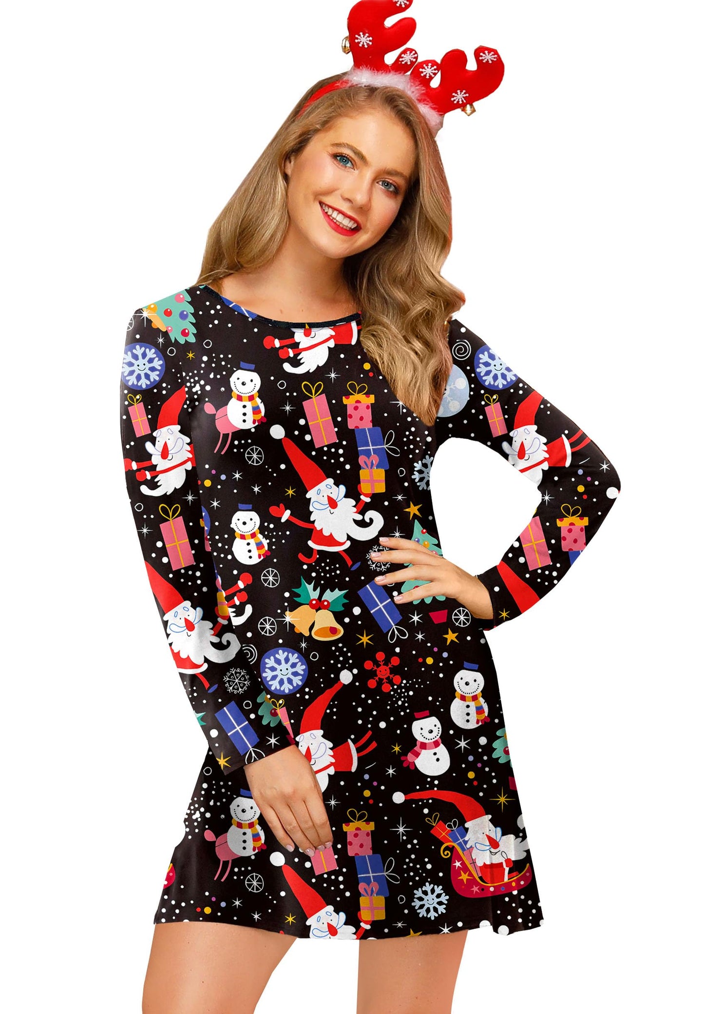 For G and PL Women's Ugly Christmas Dress Casual Long Sleeve Printed Flare Dresses Santa & Jingle Bell XL