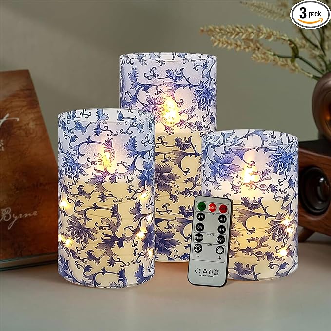 Printed Flameless Candles with String Lights - Set of 3 Blue and White Battery Operated Candle Flickering Floral LED Pillar Candles with Timer Remote for Home Decor Romantic Ambiance,BW
