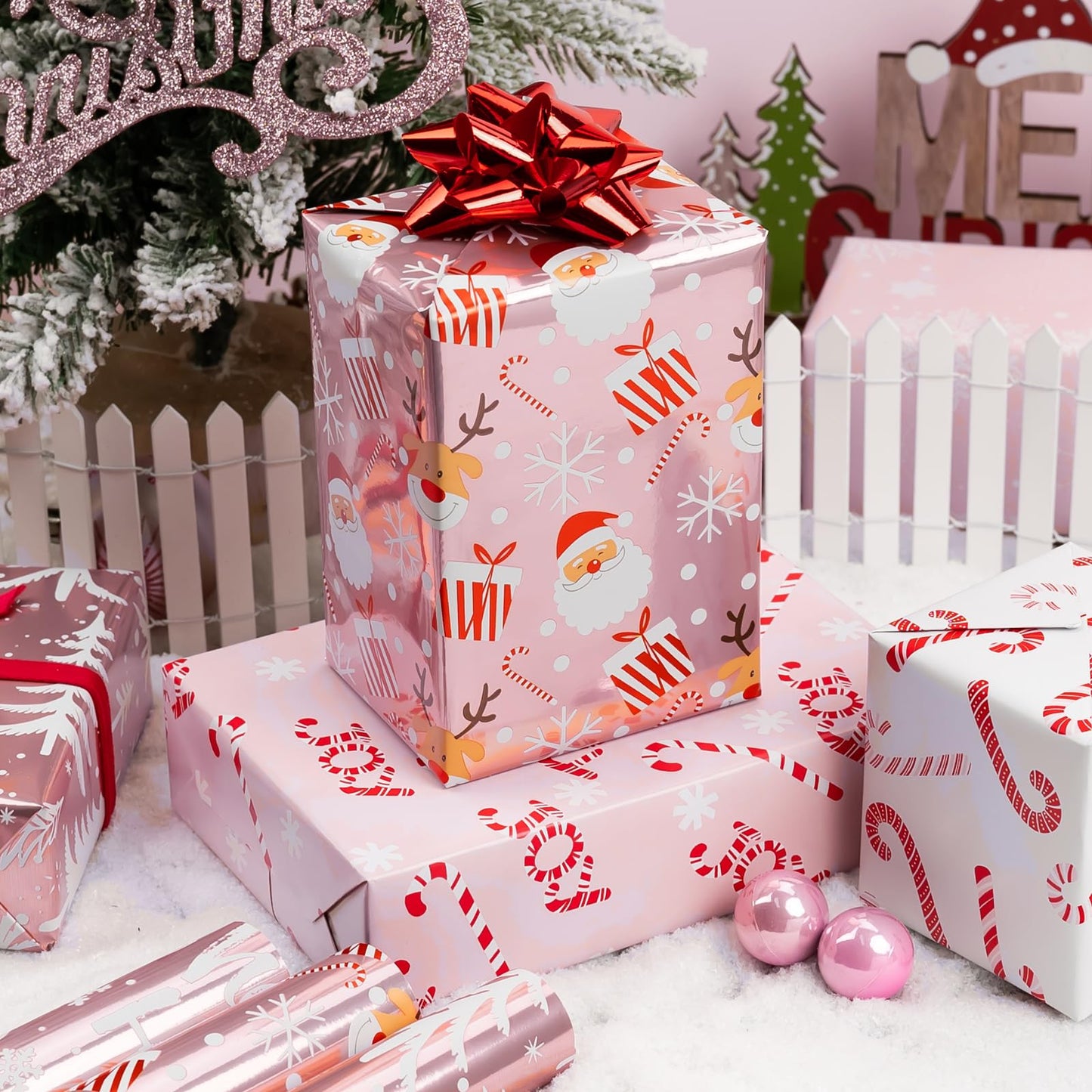 Burymento Christmas Wrapping Paper, Reversible Pink Christmas Tree, HO Santa Laughter, Snowflake, Reindeer, Design Gift Wrapping Paper Suitable for Holiday, Mini Roll (17 Inch X 120 Inch)