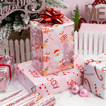 Burymento Christmas Wrapping Paper, Reversible Pink Christmas Tree, HO Santa Laughter, Snowflake, Reindeer, Design Gift Wrapping Paper Suitable for Holiday, Mini Roll (17 Inch X 120 Inch)