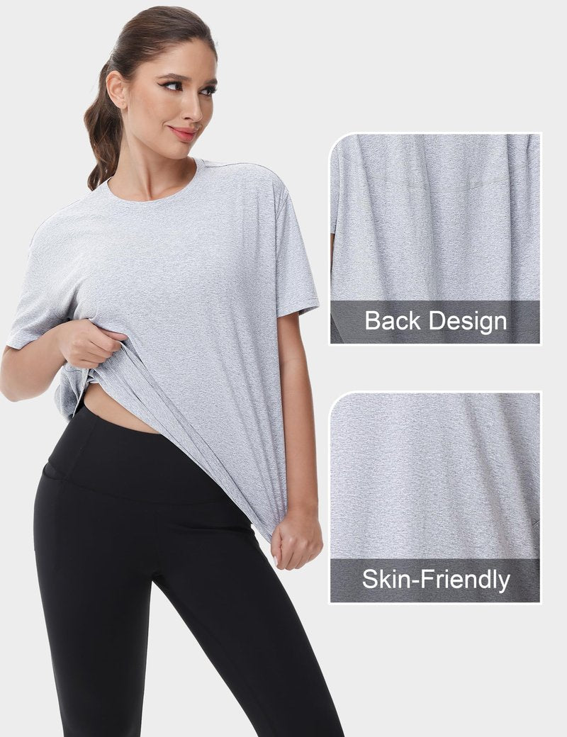 THE GYM PEOPLE Women's Short Sleeve Workout T-Shirts Back Loose Fit Running Yoga Tee Tops Heather Grey