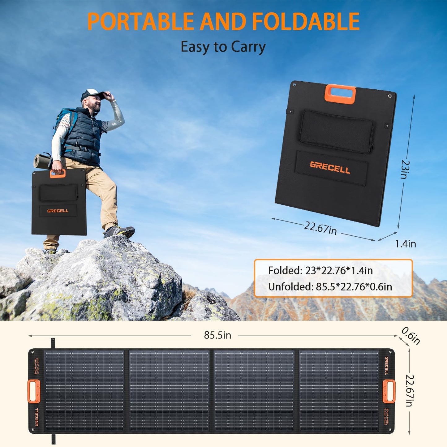 GRECELL 200W Portable Solar Panel for Power Station, Foldable Solar Charger w/ 4 Kickstands, IP65 Waterproof Solar Panel Kit w/DC XT60 Anderson Aviation Output for Outdoor RV Camper Blackout