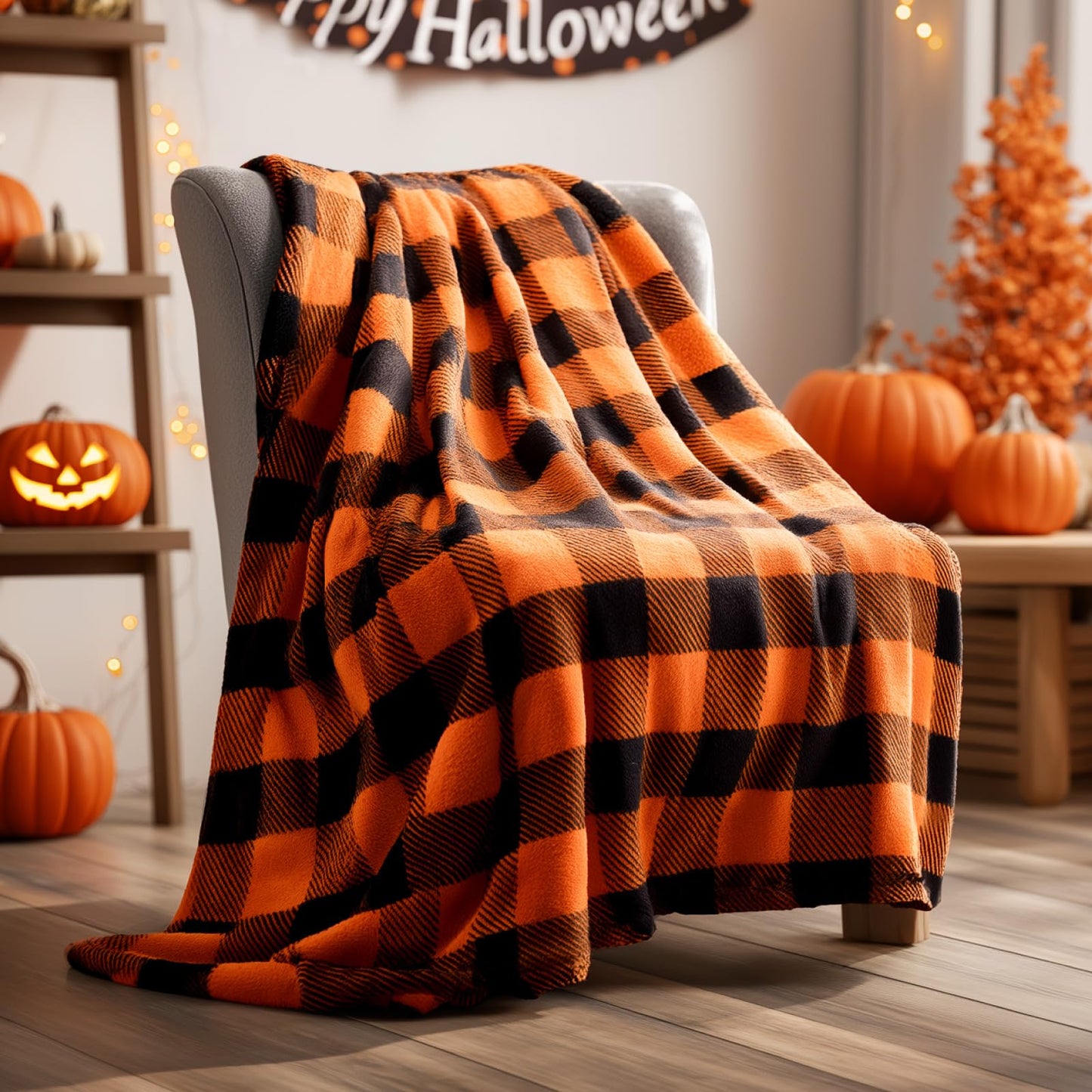BEDELITE Halloween Blanket for Decor & Gift, Orange and Black Buffalo Plaid Throw Blanket for Couch, Soft & Warm Fleece Throw for Women Men, 50"x60"