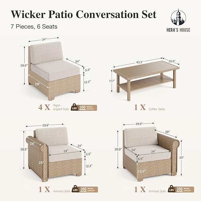 HERA'S HOUSE Patio Furniture Set 7 Pieces, Outdoor Sectional Wicker Sofa with 44" Coffee Table All Weather 6 Seats, 5.5" Thick Waterproof Cushion Modular Conversation Set for Garden Deck Backyard