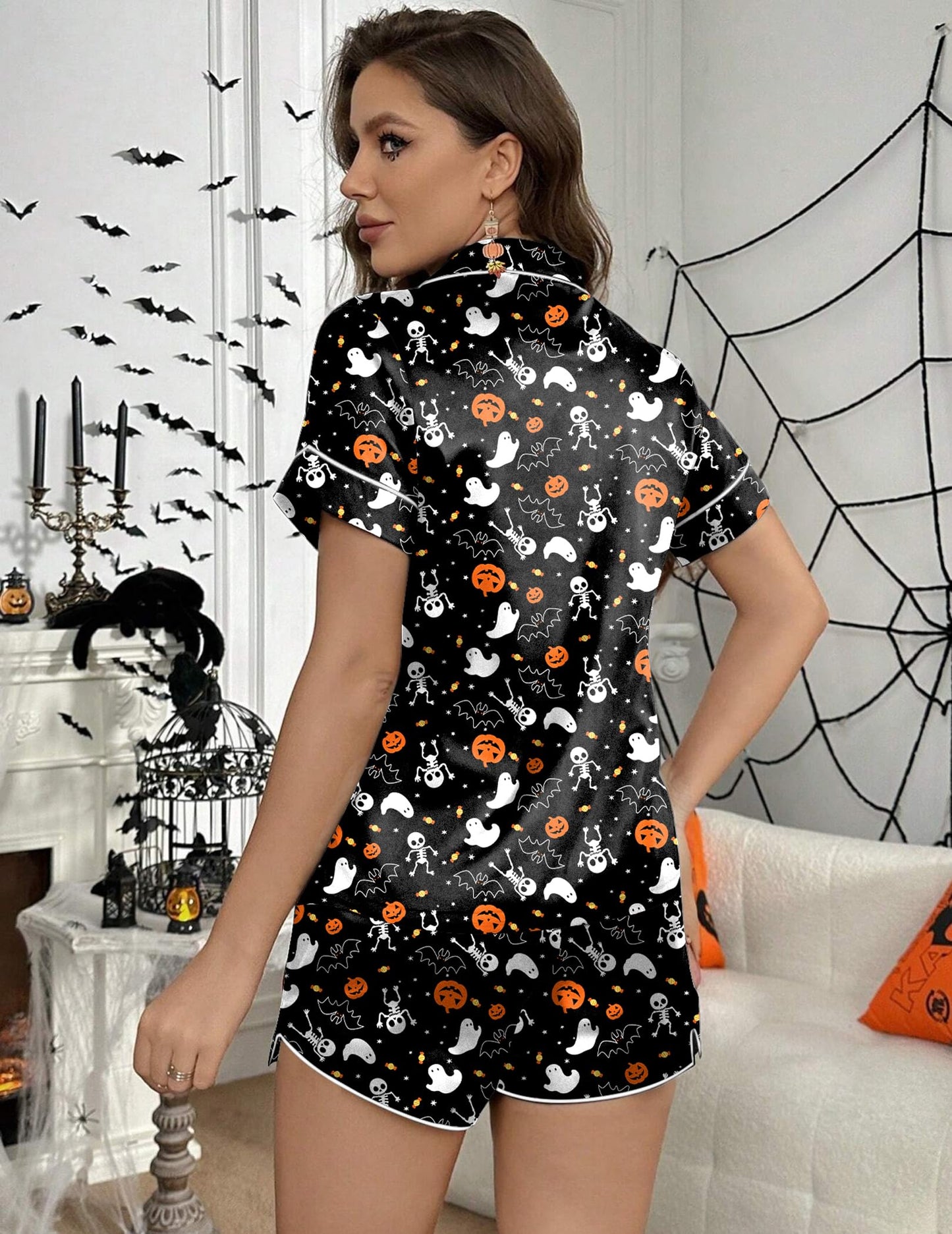 Ekouaer Womens Silk Satin Pajamas Set Short Sleeve Sleepwear Button Down Loungewear 2 Piece Pjs Shorts Set Black Halloween Print Large
