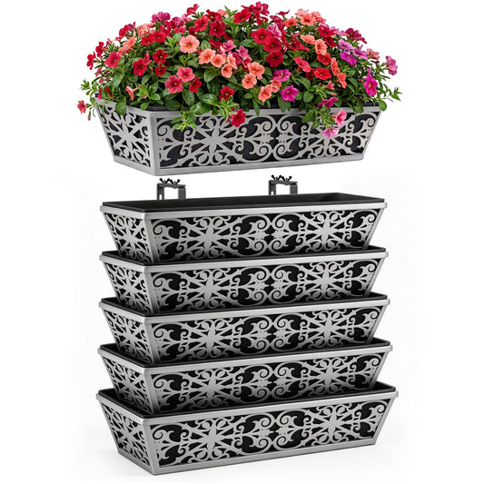 6 Pack 24 Inch Window Boxes Planter for Outdoor Plants Deck Railing Planters Box with Adjustable Brackets for Porch Fence Balcony Hanging Flower Baskets with Non-Woven Fabric Liner for Garden Decor