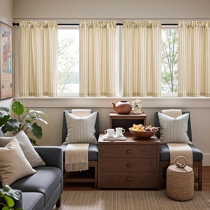 jinchan Linen Kitchen Curtains Striped Tier Ticking Stripe Pinstripe Cafe 36 Inch Length for Living Room Bathroom Farmhouse Rustic Curtains Rod Pocket 2 Panels Beige