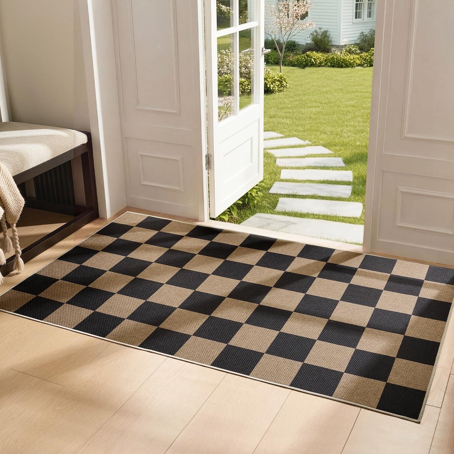 Sasttie Checkered Jute-Look Entryway Rug, 3x5 Washable Rug Front Door Mat, Non-Slip Neutral Farmhouse Throw Rugs for High Traffic Indoor & Outdoor, Natural/Black