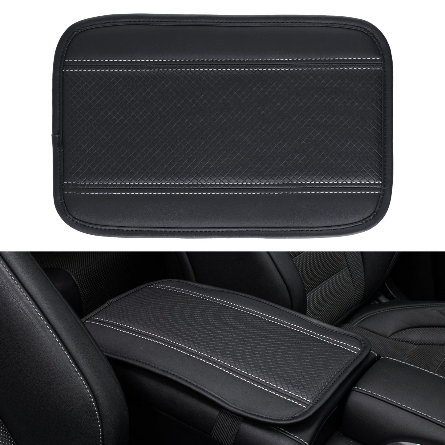 Amiss Car Center Console Pad, Universal Waterproof Car Armrest Seat Box Cover, PU Leather Auto Armrest Cover Protector，Vehicle Interior Accessories fits SUV/Truck/Car (Black-Silvery)