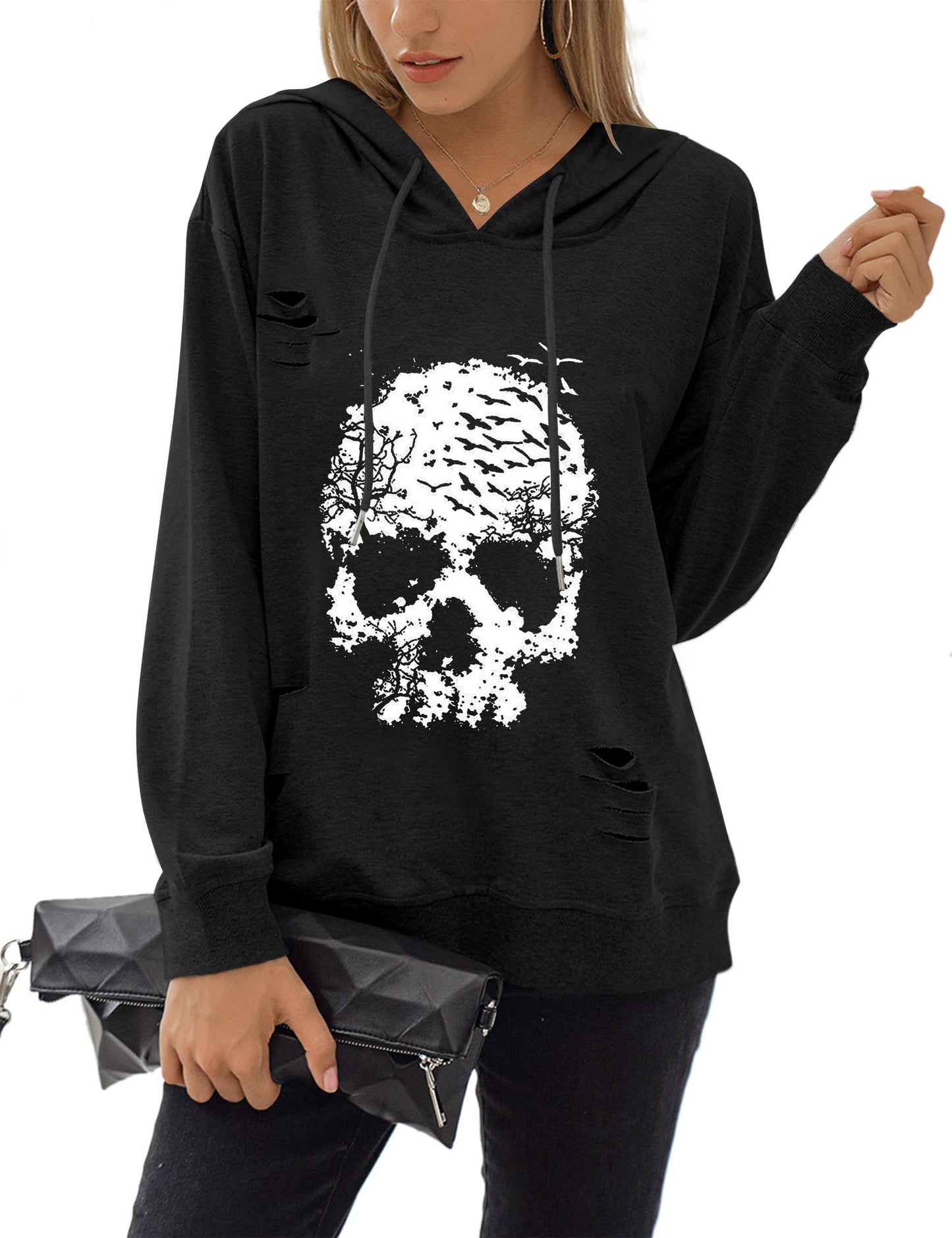 Blooming Jelly Women's Halloween Sweatshirts Skull Graphic Hoodies Long Sleeve Skeleton Shirt Trendy Fall Tops (X-Large, Black Hoodie-2)