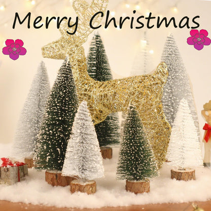 Mini Christmas Tree, Small Pine Tree with Wooden Bases for Xmas Holiday Party Home Tabletop Tree Decor (Green White Silver)