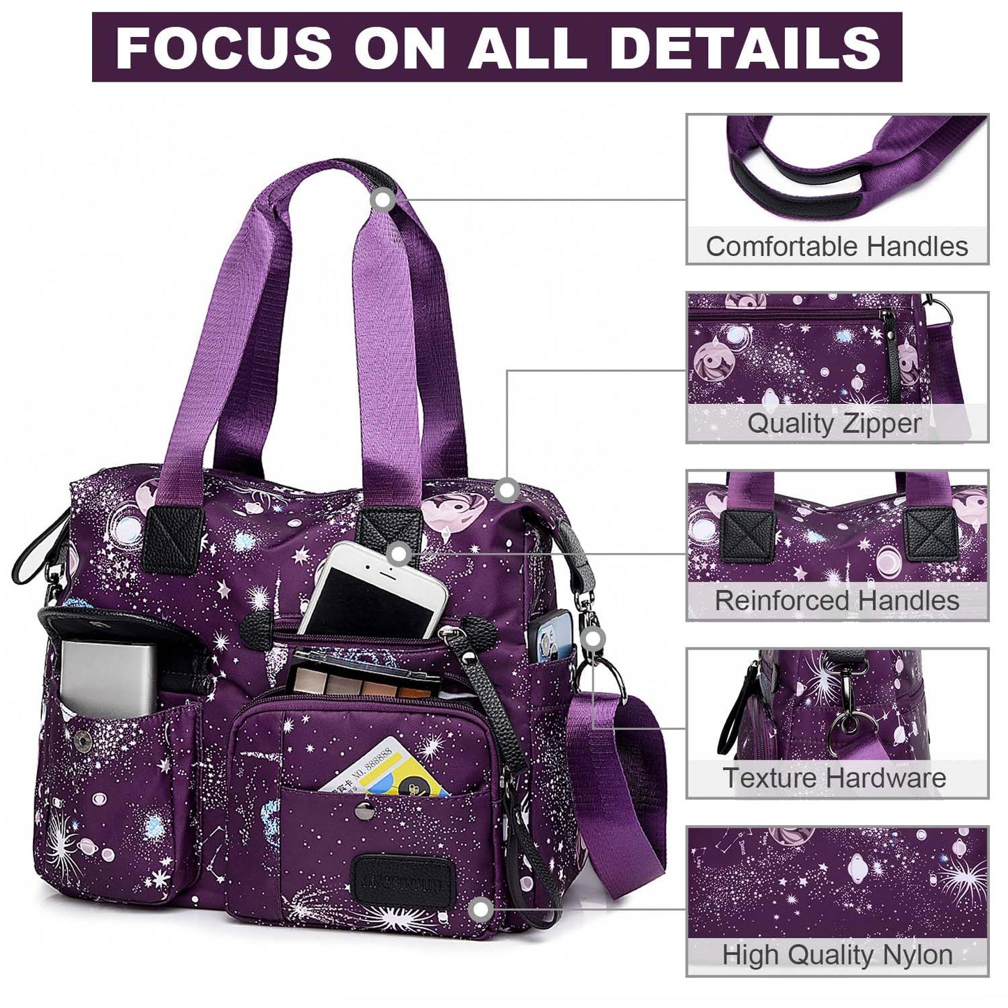 Women's Tote Bag with Multiple Pockets & Zipper,Nurse Bags for Work Nursing Bag,Nylon Tote Handbag for Women,Large Shoulder Handbag Purse,Waterproof Galaxy Cross body Bag for Travel (Purple)