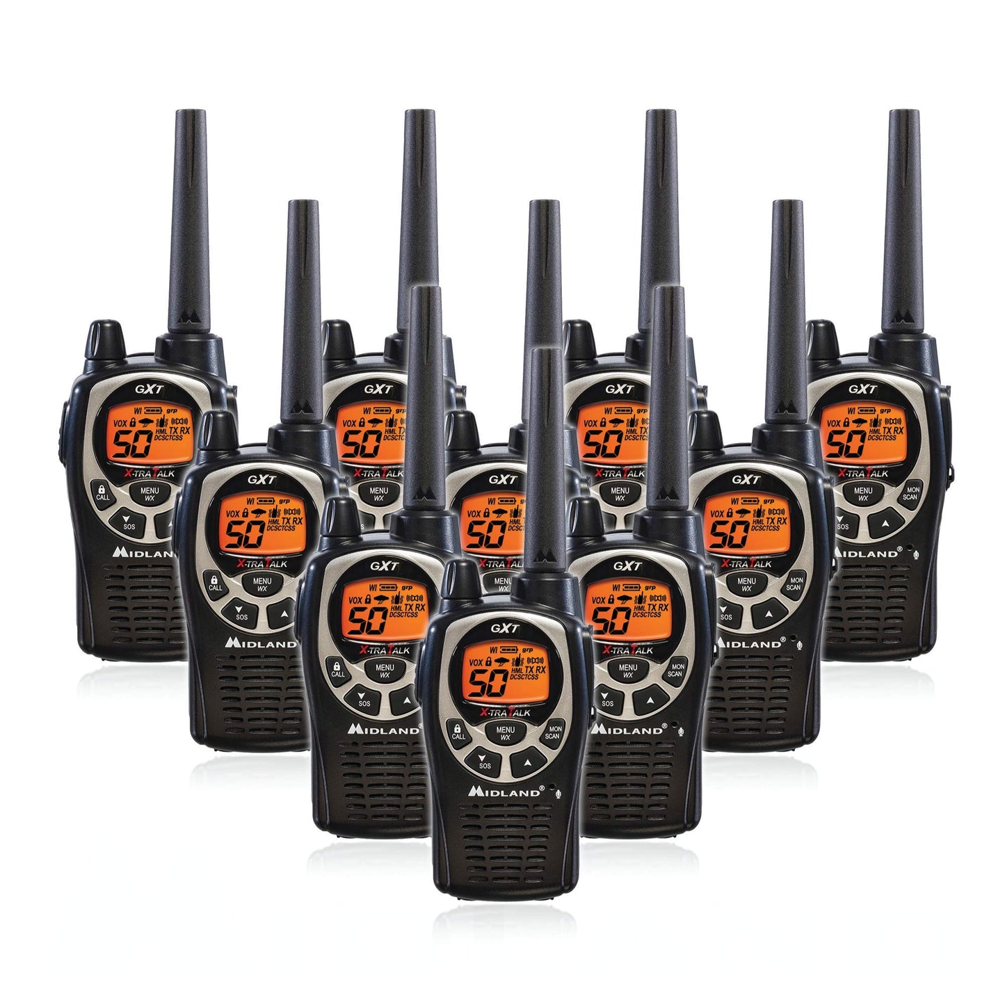 Midland GXT1000 GMRS Walkie Talkie - Long Range Two Way Radio with NOAA Weather Scan + Alert, 50 Channels, and 142 Privacy Codes (Black/Silver, 10 Radios)