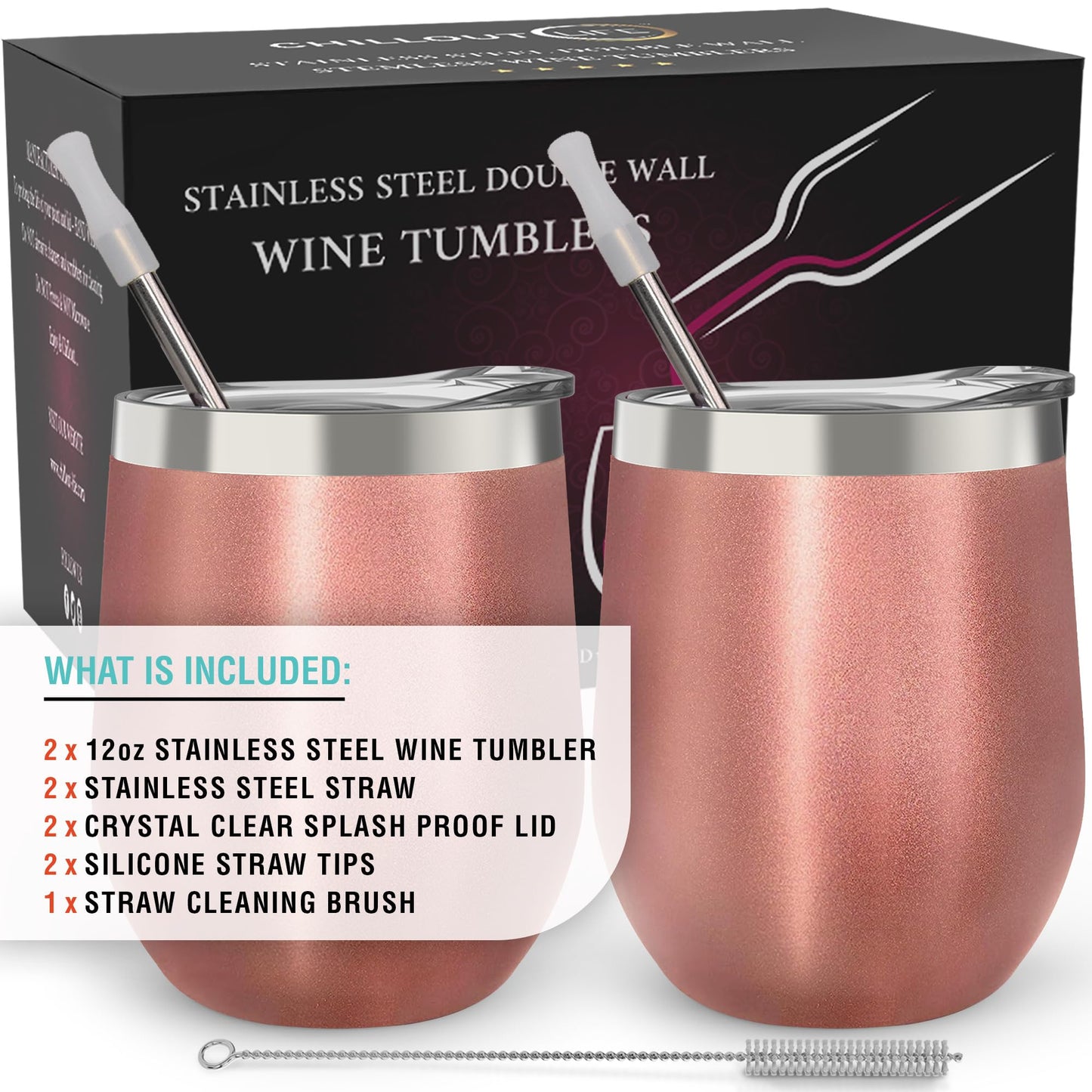 CHILLOUT LIFE Stainless Steel Wine Tumblers 2 Pack 12 oz - Double Wall Vacuum Insulated Wine Cups with Lids and Straws Set for Coffee, Wine, Cocktails (Rose Gold)