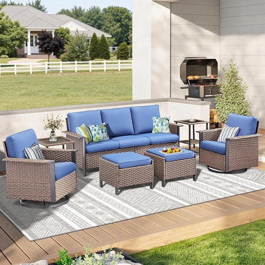 Outdoor Patio Furniture Set Swivel Chairs-7 Pieces All-Weather Wicker 3 Seater Sofa with 2 Ottomans Rattan Side Table, Wicker Sofa Outdoor Furniture for Porch Deck Backyard Brown/Blue