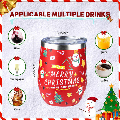 FristChoice 12oz Christmas Wine Tumbler with Lid and Straw,Stainless Steel Insulated Stemless Wine Tumbler Double Wall Vacuum Wine Cups Tumbler Christmas Gifts for Women Men(Xmas Elements,2)