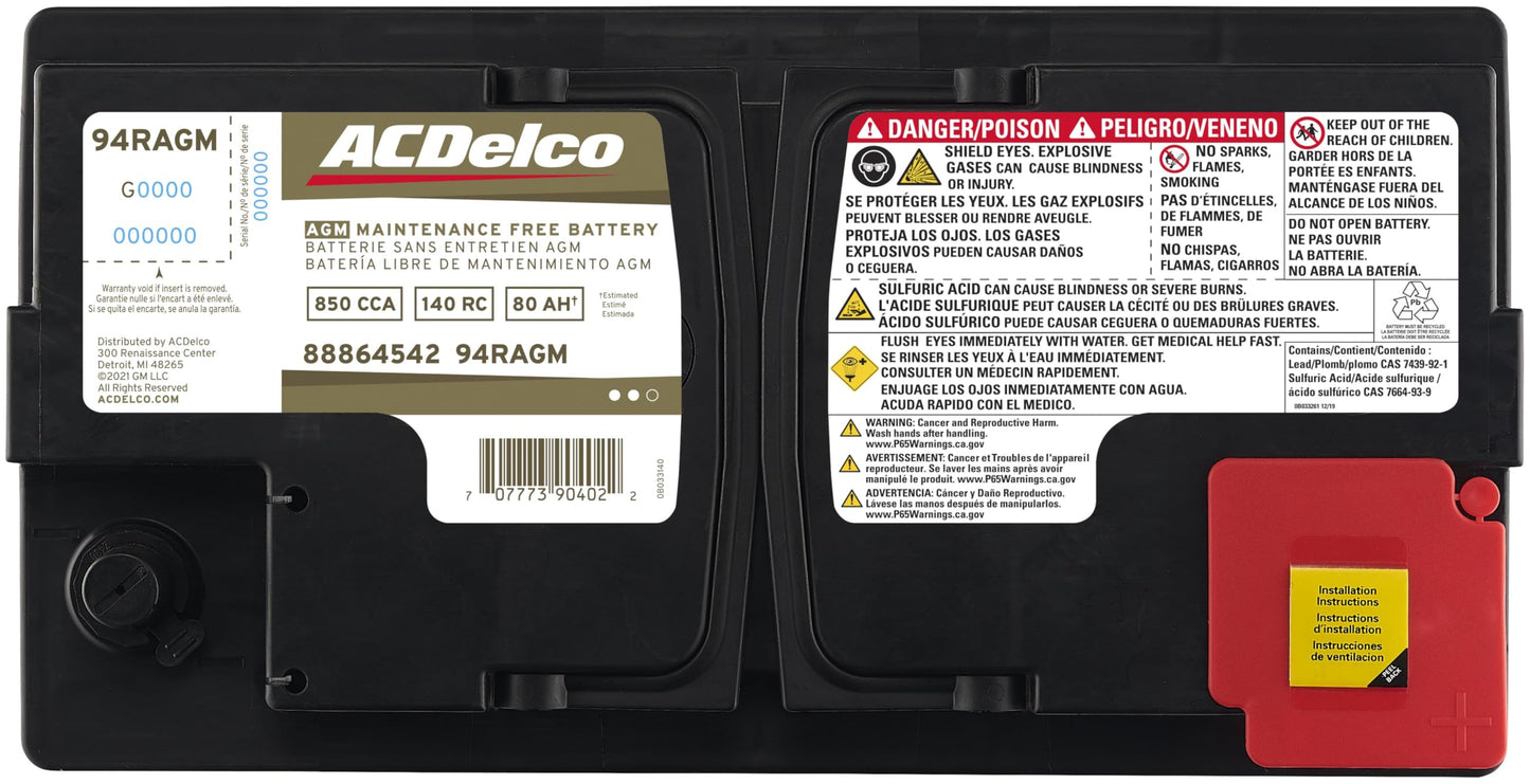 ACDelco Gold 94RAGM (88864542) 36 Month Warranty AGM BCI Group 94R Battery