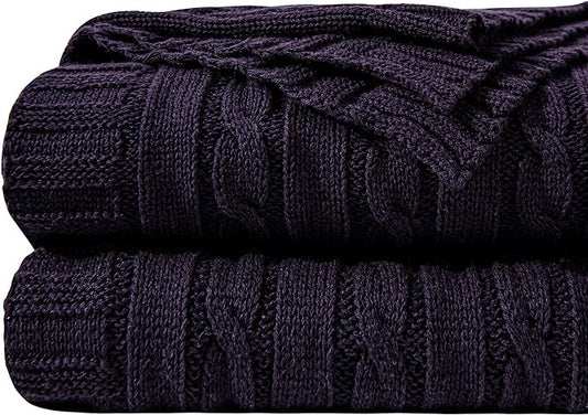 NTBAY 100% Pure Cotton Cable Knit Throw Blanket, Super Soft Warm 51x67 Knitted Throw Blanket for Couch, Sofa, Chair, Bed - Extra Cozy, Machine Washable, Comfortable Home Decor, Eggplant Purple