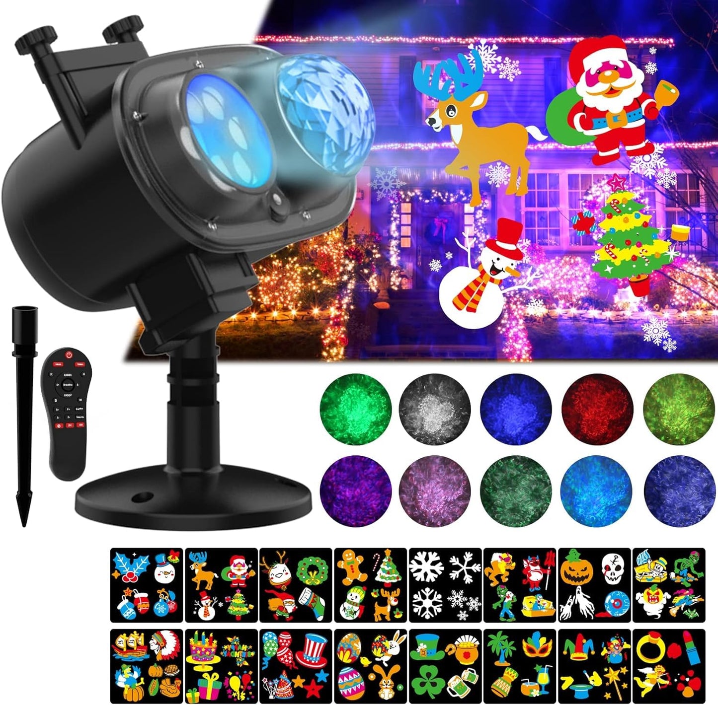 Halloween Slide Show Outdoor Holiday Projector, 2 in 1 Water Wave Outside Projector Lights Christmas with Dynamic 16 HD Patterns for House, Garden, Yard, Xmas, New Year, Thanksgiving Day