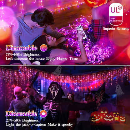 FLVOECN 480 LED 49FT Halloween Lights Plug in 8 Modes with Timer Dimmable Halloween Decorations Outdoor Waterproof String Lights for Roof Porch Garden Holiday Wedding Party Decor Orange Purple