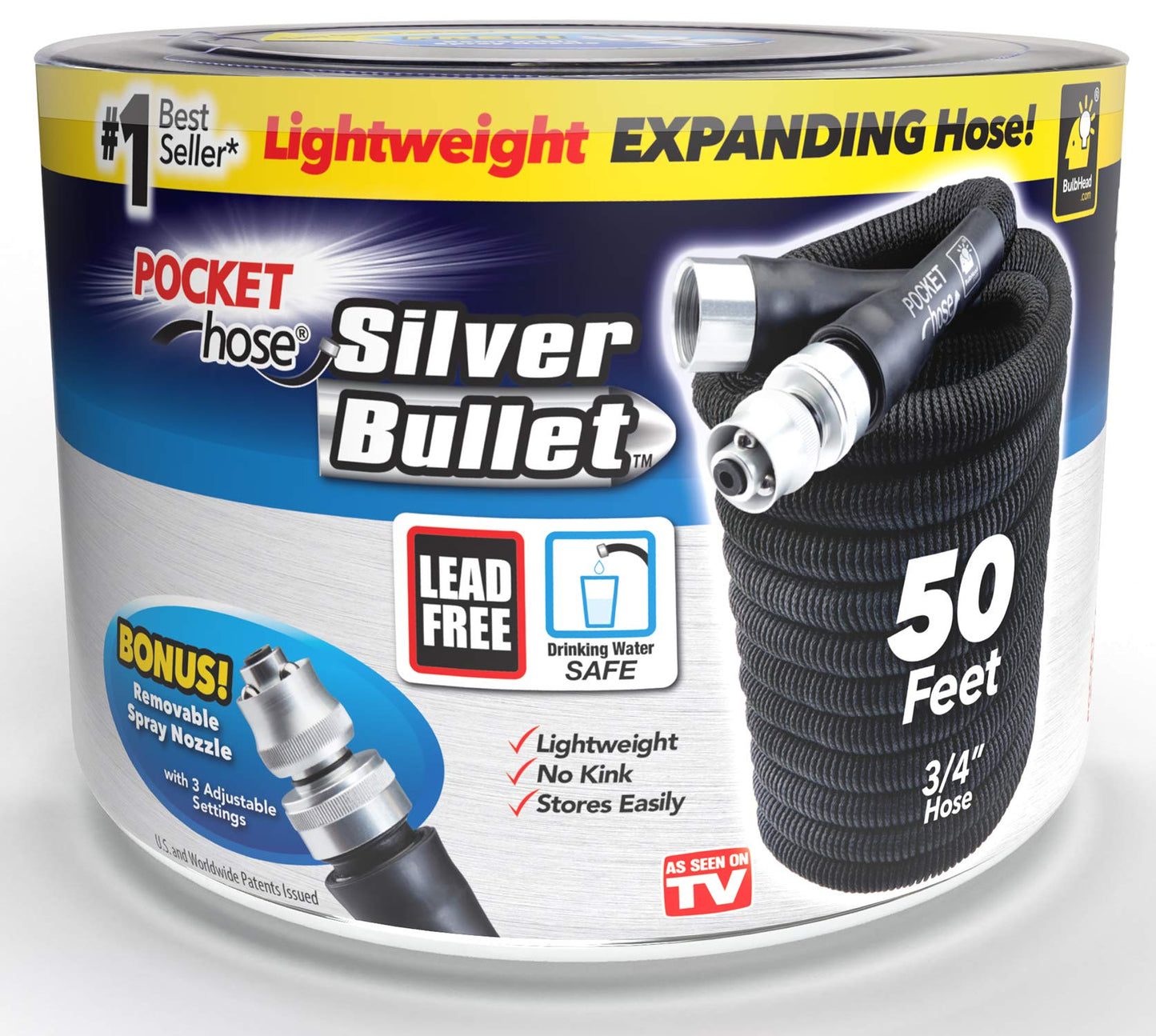 Pocket Hose Silver Bullet 50 ft Turbo Shot Nozzle Multiple Spray Patterns Expandable Garden Hose 3/4 in Solid Aluminum Fittings Lead-Free Lightweight and No-Kink,Black