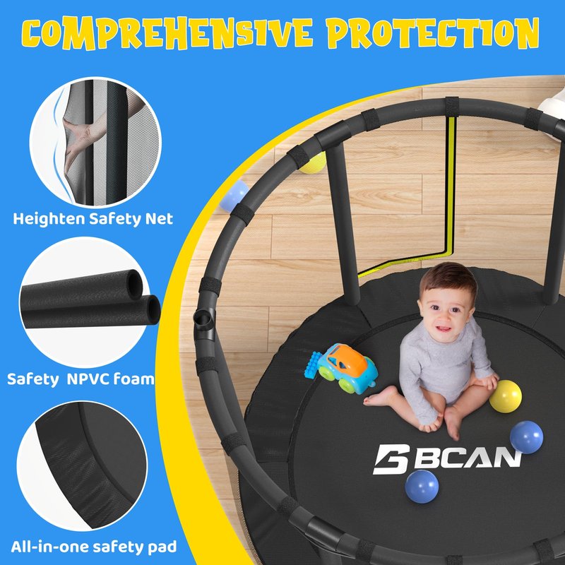 BCAN 55" Trampoline for Kids with Thickened Enclosure Net, Toddler Trampoline Indoor/Outdoor with Adjustable Gymnastics Bars & Basketball Hoop,Gifts for Boys & Girls Ages 1 to 8