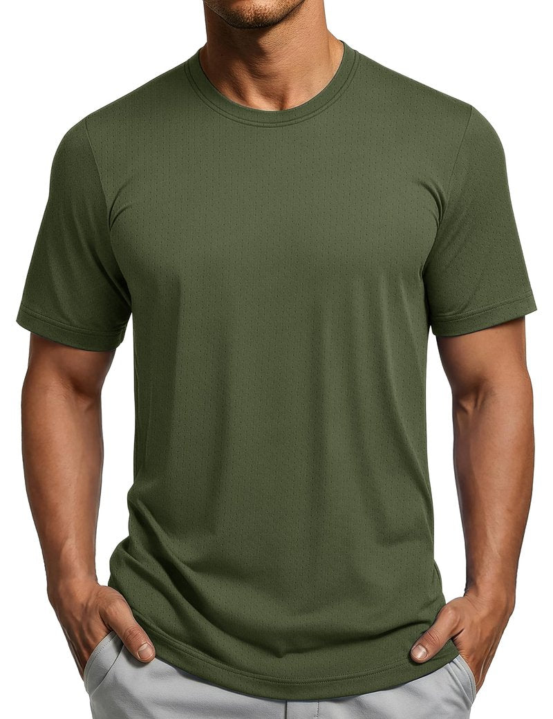 MAGCOMSEN Workout Shirts for Men Quick Dry Short Sleeve Shirt Running Athletic Gym Tee Lightweight Performance Crew Neck Top Army Green L