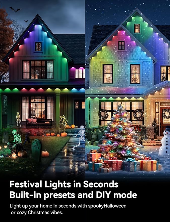 Permanent Outdoor Lights, RGB+IC Smart Outdoor Halloween Lights for House, 400ft with 200 LED, IP67 Waterproof LED Light for Halloween Christmas Decorations, Work with Remote, APP
