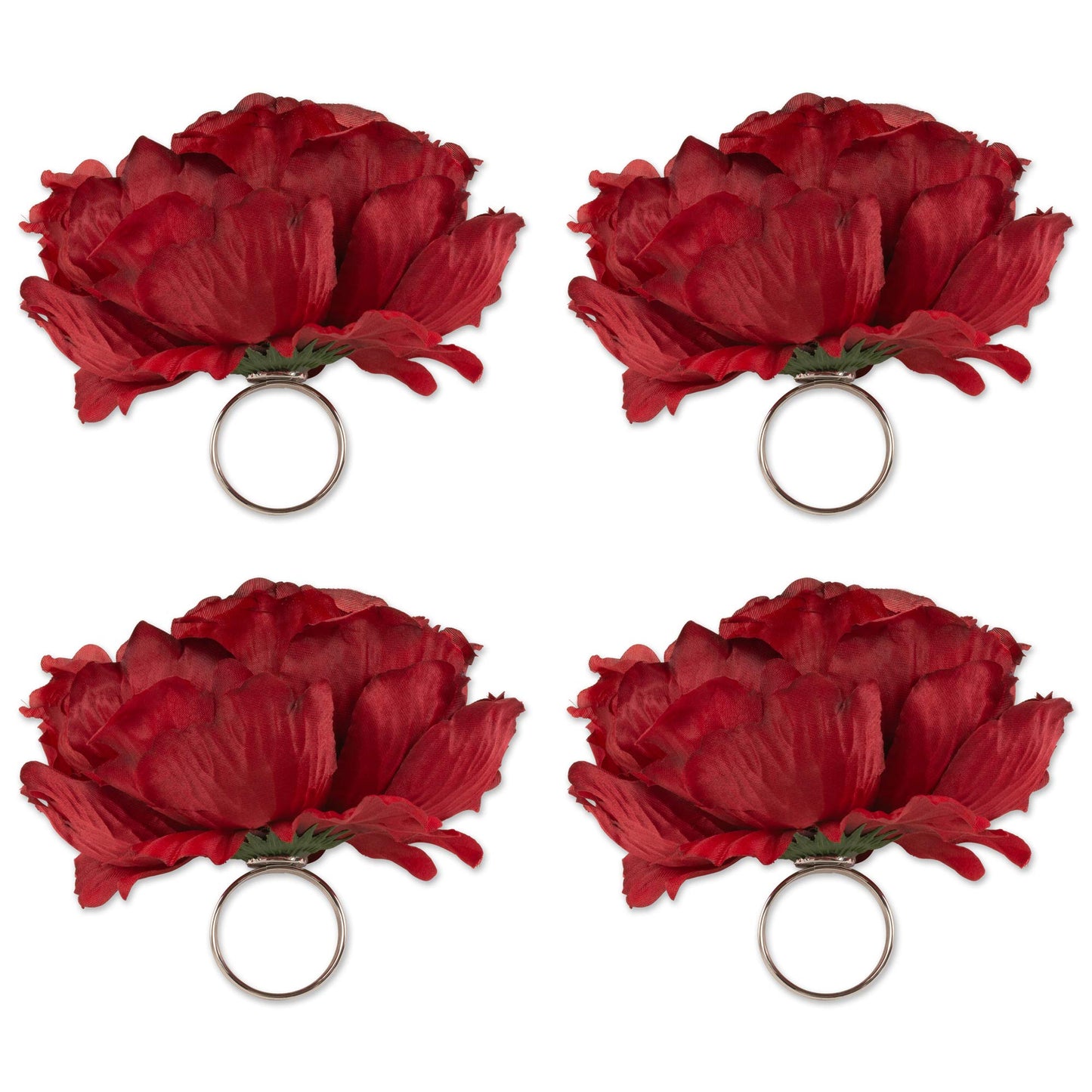 DII Beautiful Peony Flower Napkin Rings Deep Red, 4 Piece