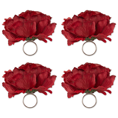 DII Beautiful Peony Flower Napkin Rings Deep Red, 4 Piece