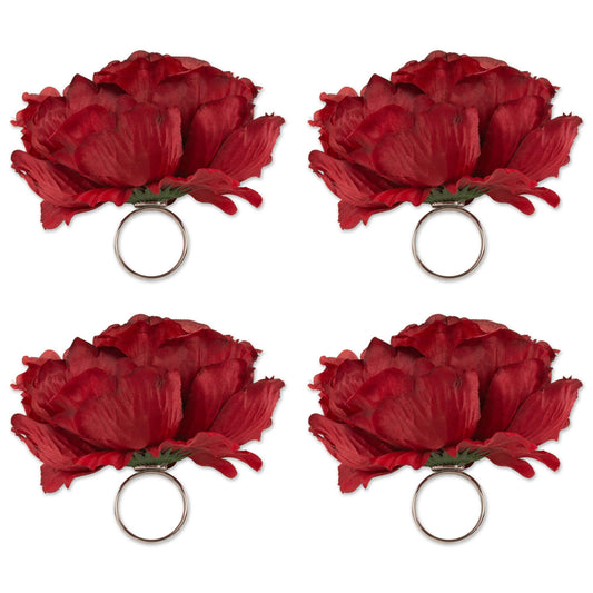 DII Beautiful Peony Flower Napkin Rings Deep Red, 4 Piece