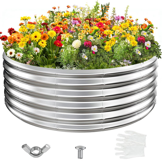 YSEJOMP 17" Tall Round Outdoor Garden Raised Garden Bed Kits-0.8MM Thick Metal Raised Planter Bed/Ground Planter Box for Variety of Flowers,Herbs,Vegetables,Trees (Silver, 48 Dia X 16.5inches)