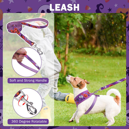 SCENEREAL Halloween Small Dog Harness Collar and Leash Set, Adjustable No Pull Pet Harnesses, No Chock Soft Mesh Step in Vest Costume for Doggie Puppy Dogs Cats Girl Boy Outdoor Walking