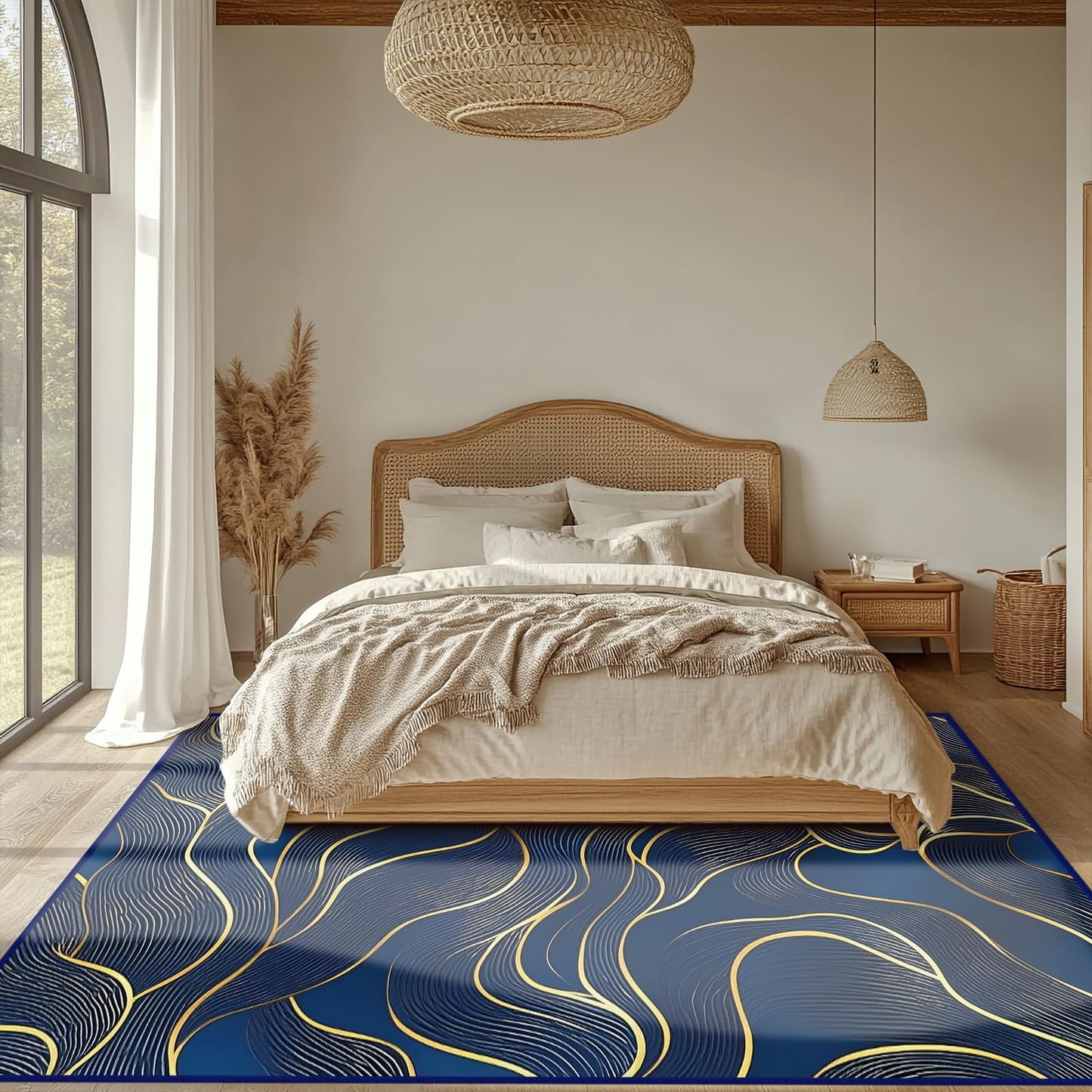 8x10 Area Rug Blue Gold Modern Rug for Living Room Indoor Machine Washable Abstract Rugs for Bedroom Ultra Soft Dining Room Large Carpet Non-Slip Non-Shedding Throw Rug for Home Office